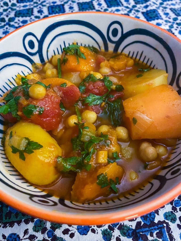 Moroccan vegetable tagine with chickpeas, squash and potato