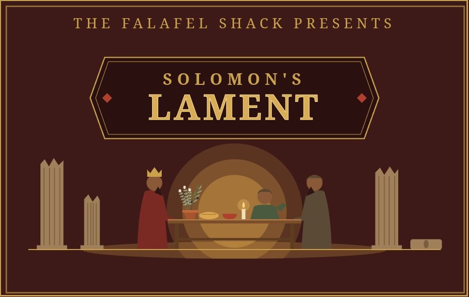 Solomon's Lament: a king sharing a simple meal at a wooden table among ancient columns